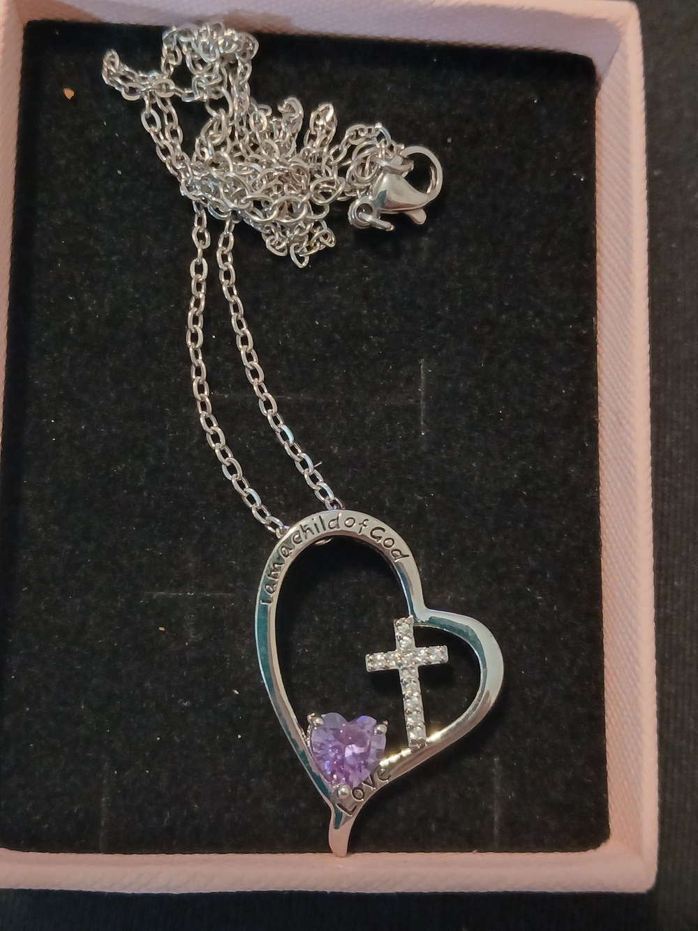 Silver Heart Pendant Necklace with Purple Gem and Cross - Faith Inspired